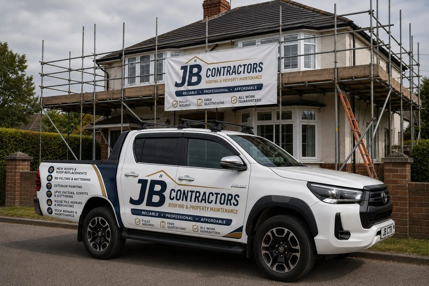 Crediton Roofing pickup truck on site at a scaffolded roofing job in Crediton